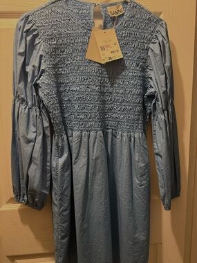 Ganni Light Blue Smocked Long-Sleeve Girls Dress